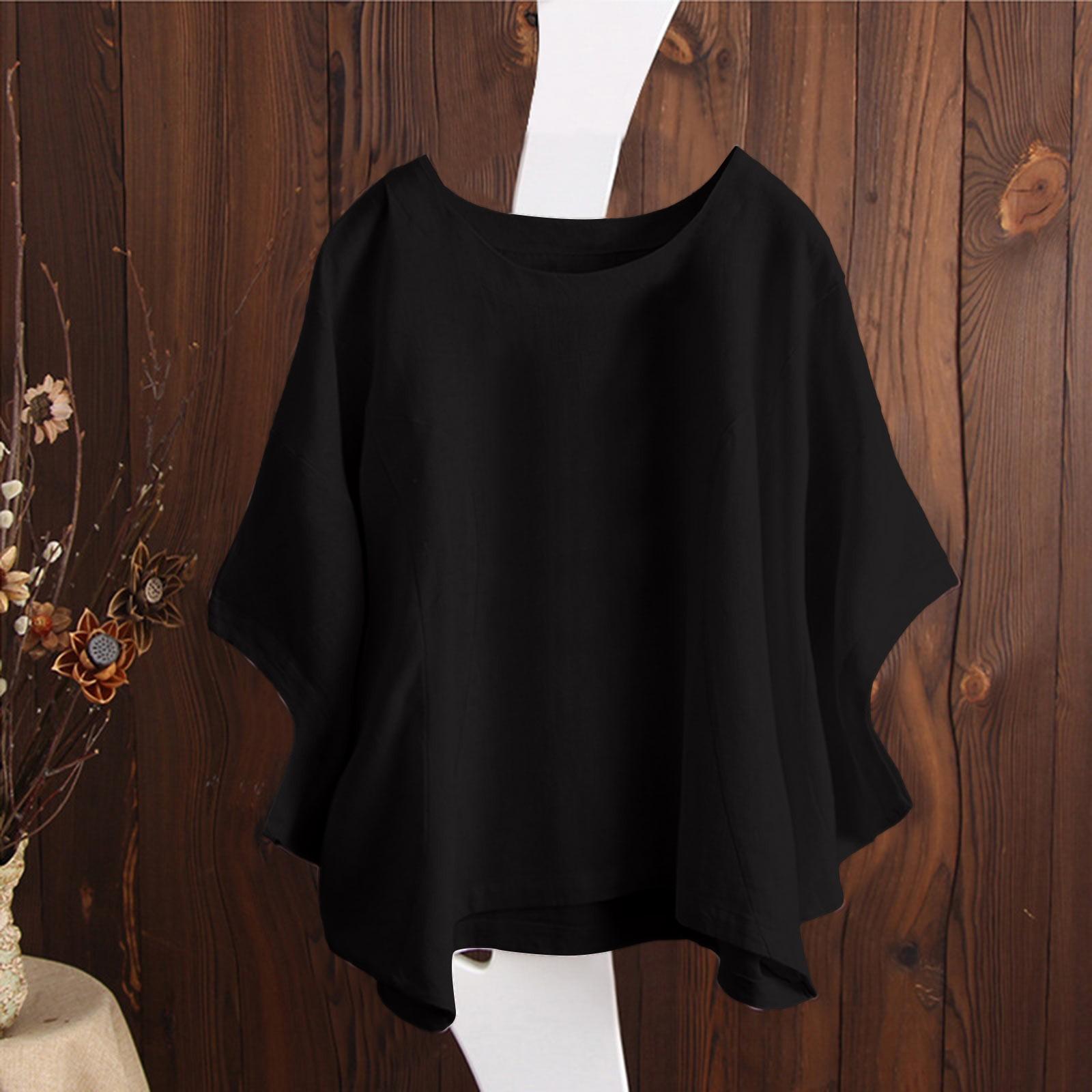 

Жіноча модна повсякденна темпераментна футболка з круглим вирізом і короткими рукавами, суцільний колір, бавовняна конопляна футболка S чорний