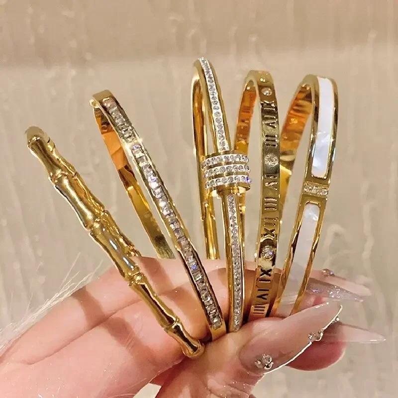 1 STKS Titanium Staal Roestvrij Staal Ingelegd Zirkonia Verguld Armband Klassieke en Eenvoudige Stijl Armbanden voor Vrouwen Dagelijkse Sieraden