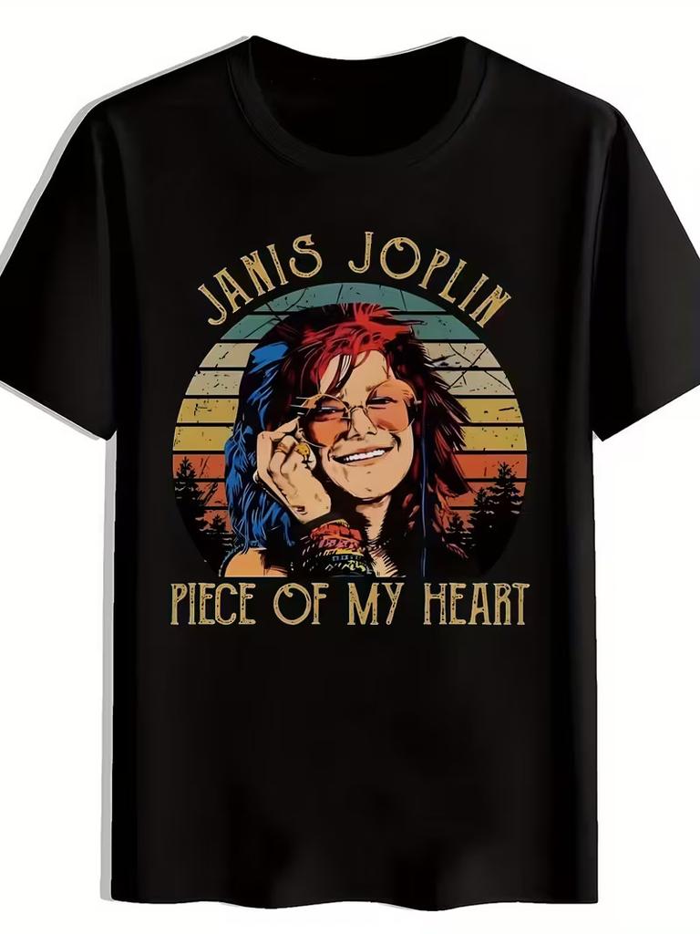 Men'S Retro Rock Band Graphic T-Shirt - "Janis Joplin Piece of My Heart" Design,