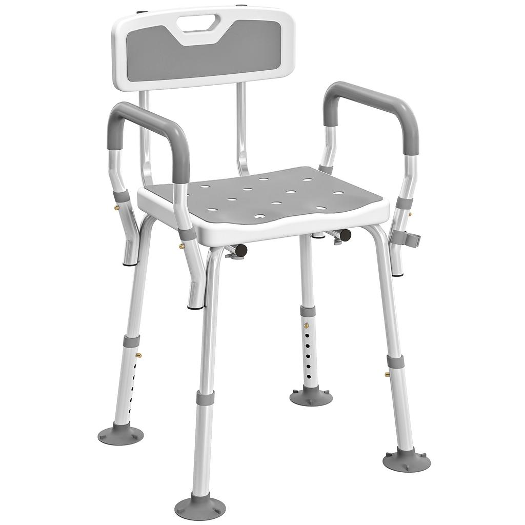 Sedia da doccia imbottita in EVA per anziani e disabili, sgabello da doccia regolabile in altezza con schienale e braccioli, 4 piedini a ventosa, grigio chiaro