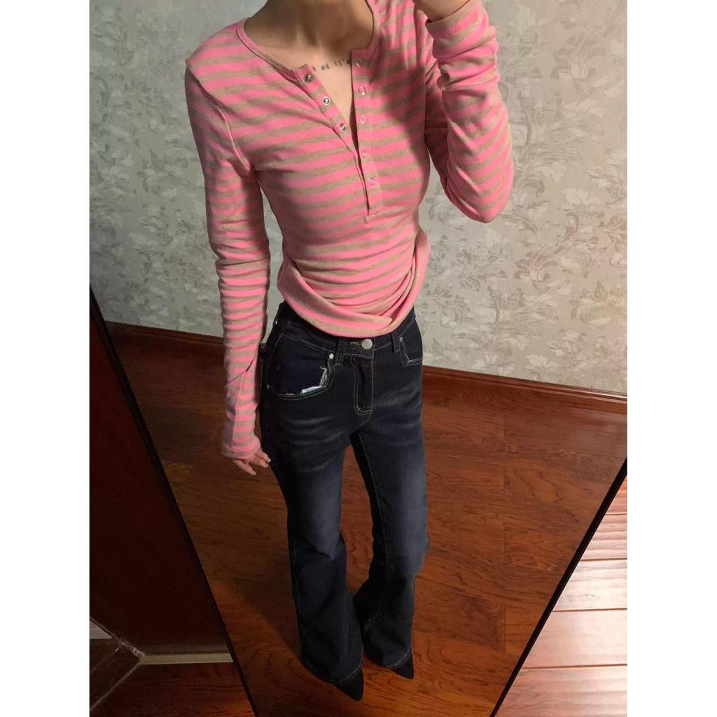 2026 Spring Autumn Women's Slim Fit Color Block Striped Long Sleeve T-shirt: Waist-Cinching Base Top