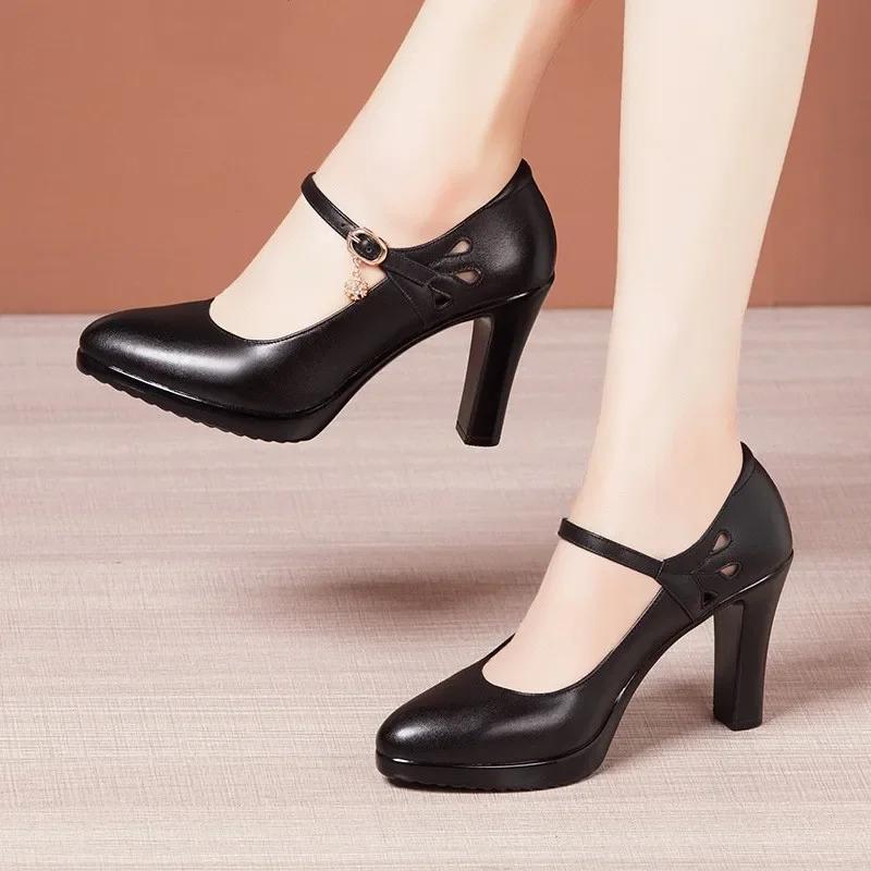 6 8 10cm Small Size 32-43 Shallolw Genuine Leather Shoes Mary Janes 2025 Fall Block High Heels Shoes Platform for Office Dress