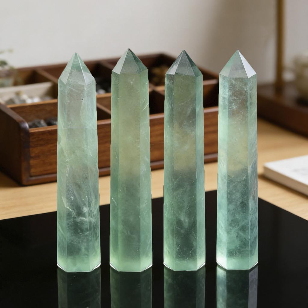 2Pcs Green Fluorite Crystal Single Point Tower 6-Sided Prism Wand Natural Healing Stone Sculptures Home Decor Outdoor Statues