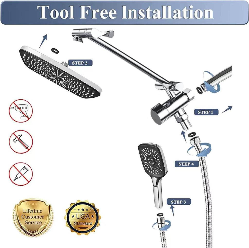 Concealed Shower Set: 12" Square Top Spray with 3-Function Handheld Shower Head (Jet & Water Functions)