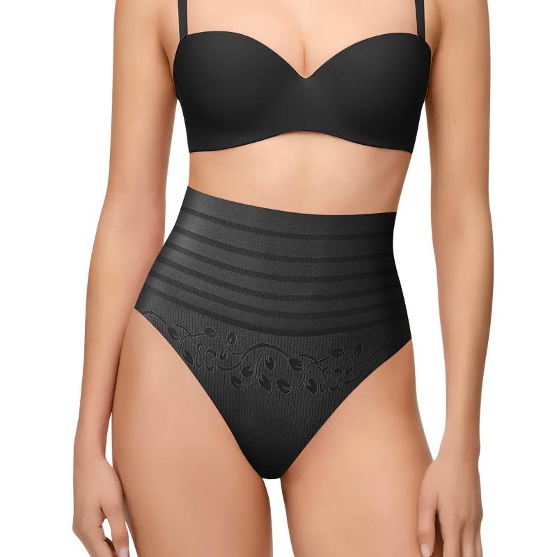 High Waist Tummy Control Striped Shaping Panties Lace Trim Breathable Compression Shapewear Underwear for Women S чёрный
