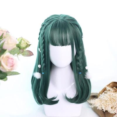 CosplayLolita Medium Long Hair Green Air Bangs Heat-resistant Cute Party Synthetic Hair Cosplay Wig