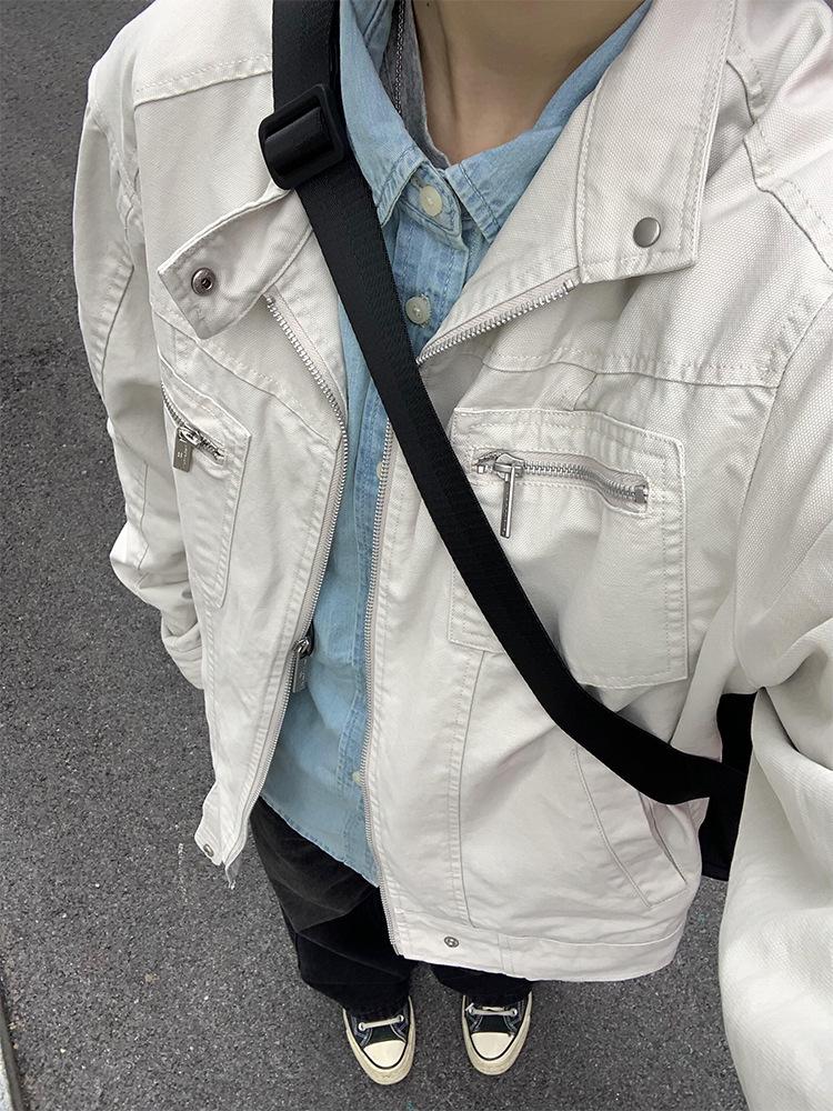 Unisex Washed Canvas Harrington Jacket with Multi-Pocket Stand Collar