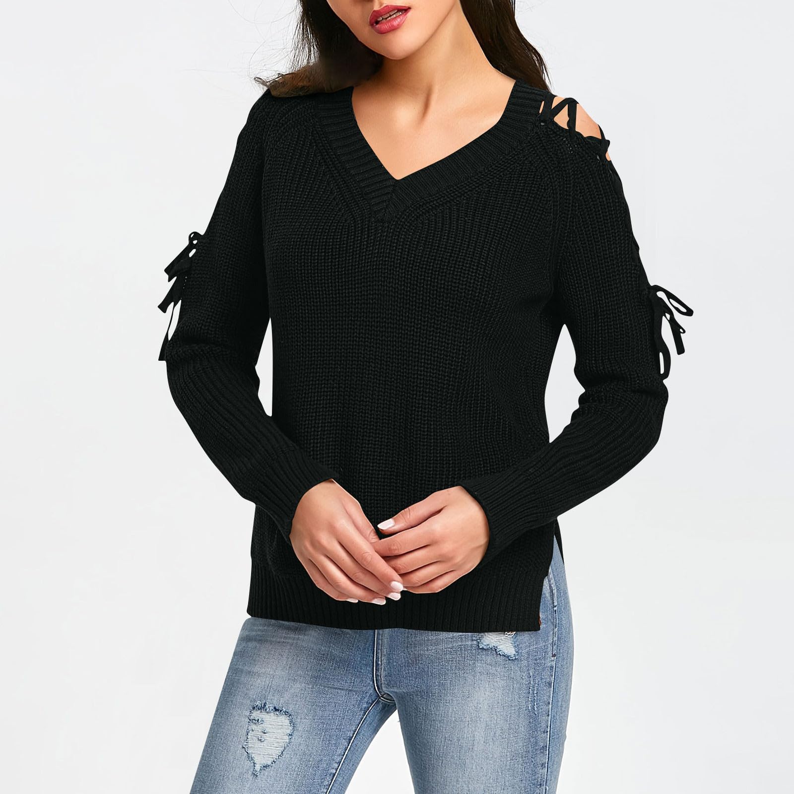 

Women‘s Tie Front V Neck Knitwear Long Sleeve Loose Sweater Pullovers L чёрный