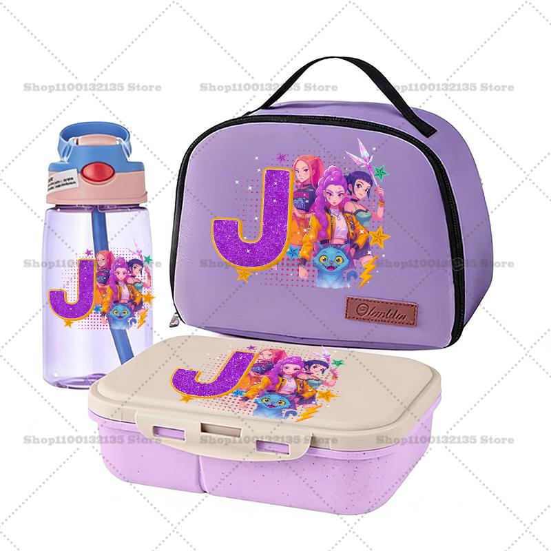 Kpop Dämonenjäger Bento-Box+Lunchtasche+Wasserflasche 3er-Set RUMI ZOEY Cartoon Schüler Schulsachen Lebensmittelbehälter Trinkgeschirr