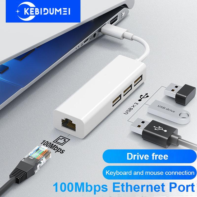 4 porty USB C HUB USB Ethernetový adaptér USB Type C na Rj45 Lan Ethernetový adaptér 100 Mb/s Gigabitová síťová karta USB 2.0 Dokovací stanice pro PC notebook