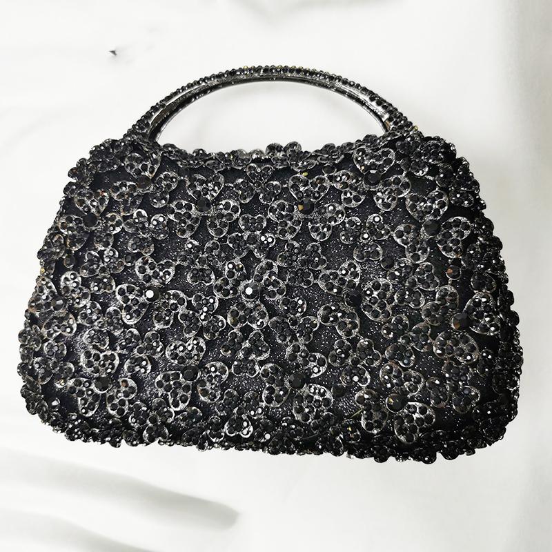 WHTUOHENG Luxury Top-Handle Crystal Evening Bag Blue Rhinestone Flower Handbag Diamond Silver Purse Women's Party Stone Clutch