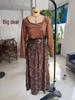 2025 European & American Slim Fit Top & Elegant Retro Print Long Skirt Set with Belt