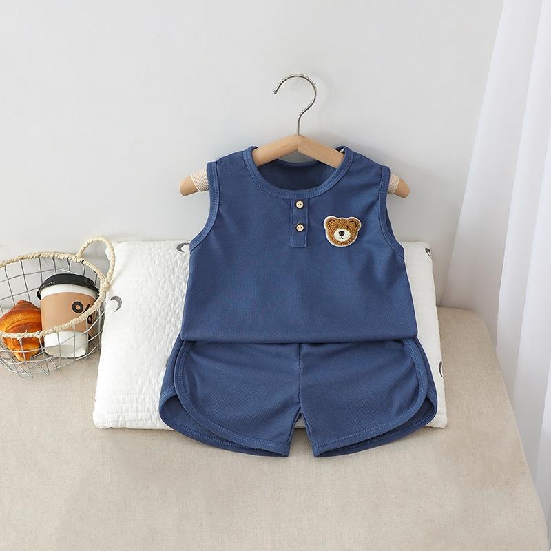 2Pcs/Set Boys Girls Sleevesless Clothes Suit Kids Bear Patch Thin Summer Outfits Solid Color Vest Top Shorts Children Set