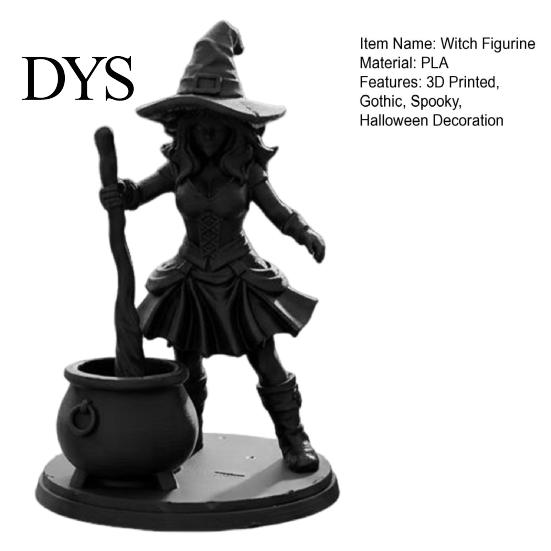 Matte Black Resin Craft Halloween Witch Cauldron Figurine, 3D Printed Spooky Statue with Pot, Fantasy Table Ornament Gothic Small Desktop for Tabletop