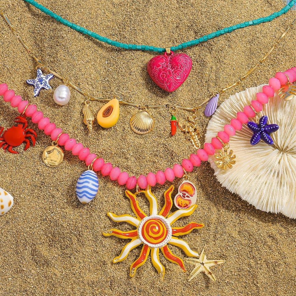 3PCS Multi-layer Summer Vacation Beaded Necklace Dopamine Ocean Style Pendant Necklaces