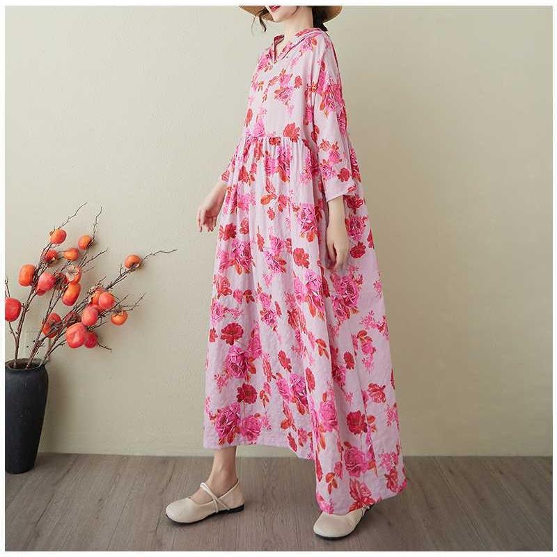 Ladies' Gentle Wind and Cloud Brocade Cotton and Hemp Hooded Printed Dress