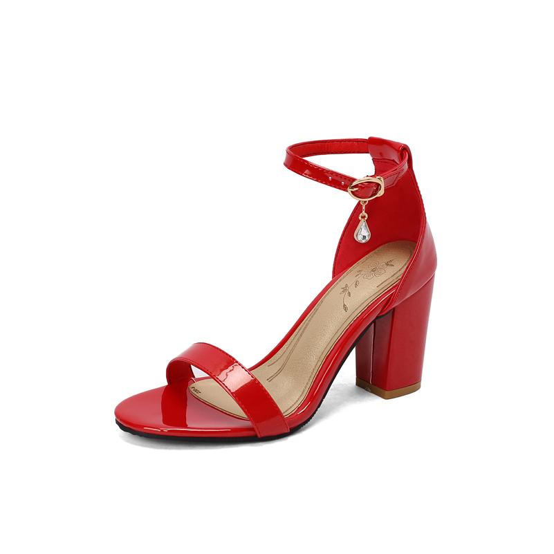 

ANNYMOLI женские лакированные босоножки с ремешком на щиколотке, круглый носок, толстый высокий каблук, пряжка, сексуальная женская модная обувь, летние красные 46 33 красный