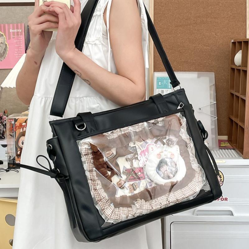 New PU Luxury Large Ita Bag with Insert Women High Quality Big Clear Window Shoulder Bag Anime Pin Display Girl Bow Handbags