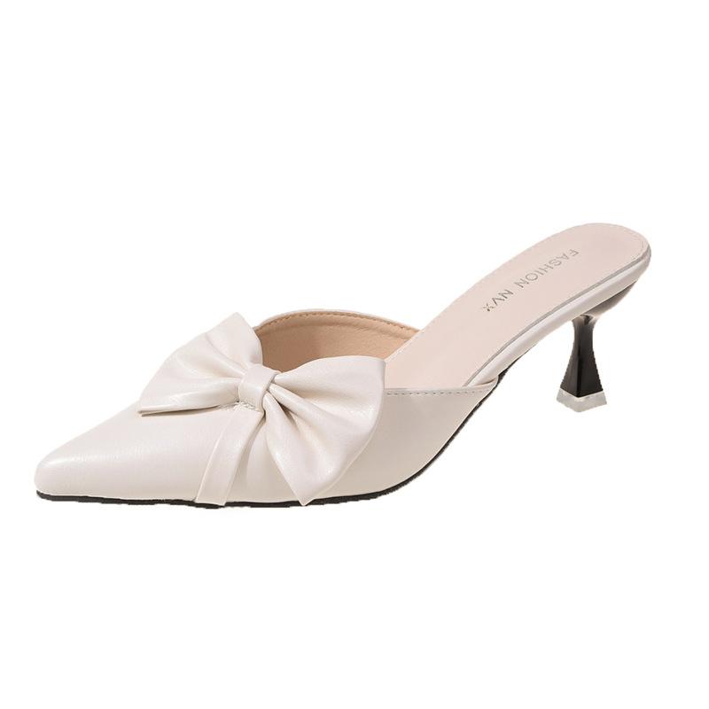 New High Heel Mules Shoes for Women Elegant Pointy Toe Fine High Heel Slide Slippers Women Fashion Bowtie Designer Sandals Women