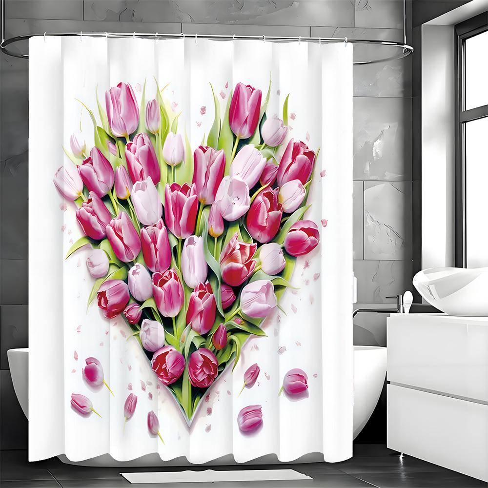 Mother's Day Love Tulip Shower Curtain, Bathroom Decorative Shower Curtain, Waterproof Shower Curtain with Hooks