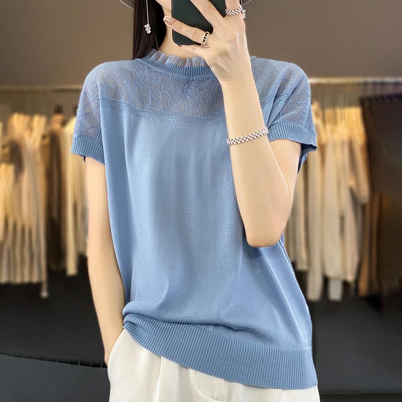 Tricou cu mânecă scurtă de vară pentru femei 50% amestec de mătase și poliester dud | Top casual ușor, respirabil, slim fit