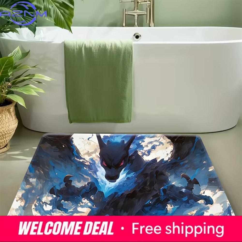 Pokemon Mega Charizard X Blue Flame Print Non-Slip Doormat, Absorbent Floor Mat for Home Decor