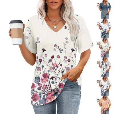 Moda Tops Bolso Decote em V Manga Curta Planta Estampa T-shirt