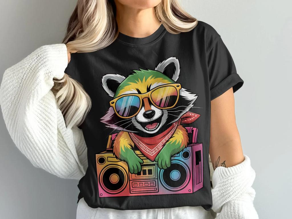 Cool Raccoon Tshirt Audio Pattern  Fun Animal Tshirt 80s Retro Style A Gift for Music Lovers Raccoon Enthusiast Tshirt