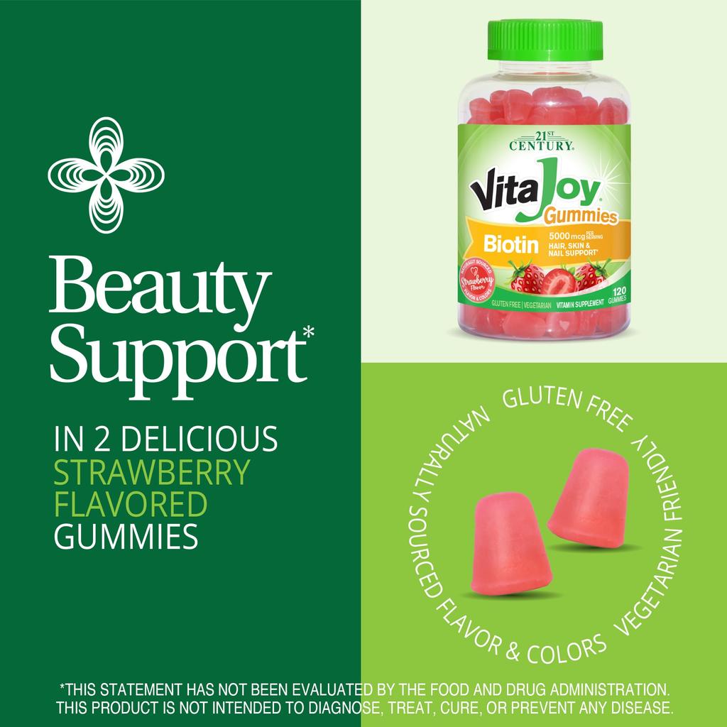 21st Century, Vitajoy Biotin-Gummis, Erdbeergeschmack, 5.000mcg, 120 pflanzliche Gummis (2.500mcg pro Gummibärchen)