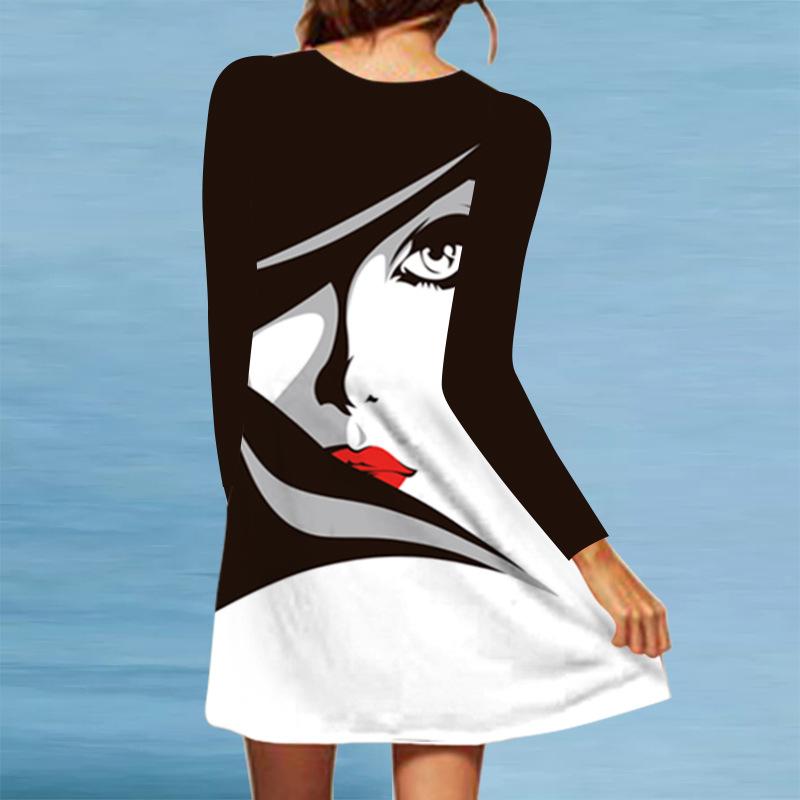 Women's Spring/summer Print Long-sleeved Dress V-neck Loose Swing Long-sleeved Mid-length Dress