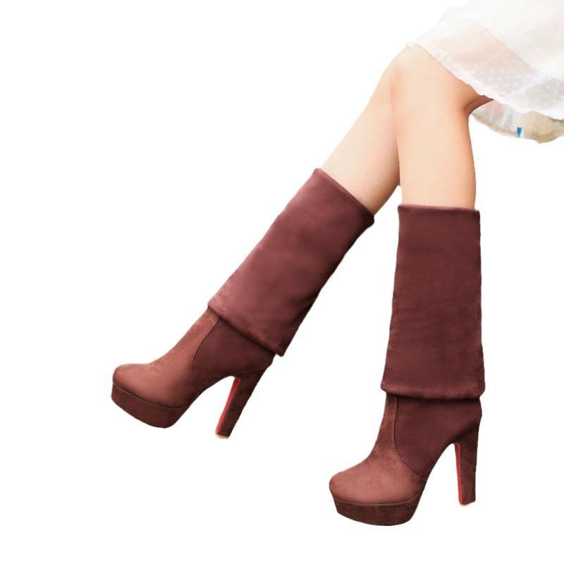 Women High Heels Slip On Over the Knee Sexy Long Boots Female Platform Ankle Patchwork Flock Two Ways Wear Plus Size