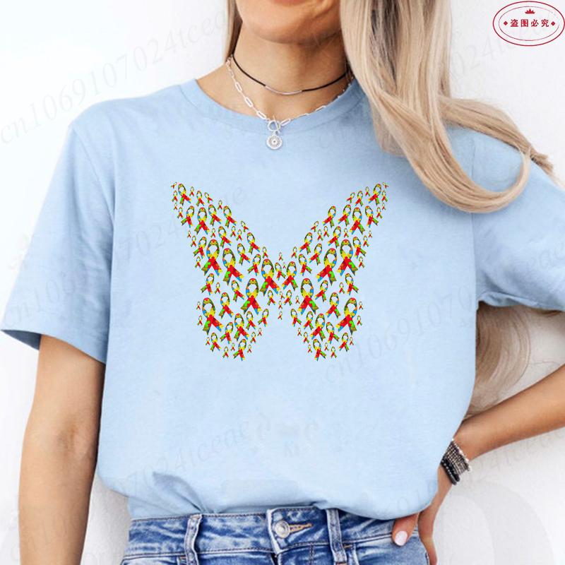 Fashion Butterfly Puzzle Piece T-shirt for Women Graphic Tees Shirt Aesthetic Clothing Summer Autism Awareness Month Y2k Tops