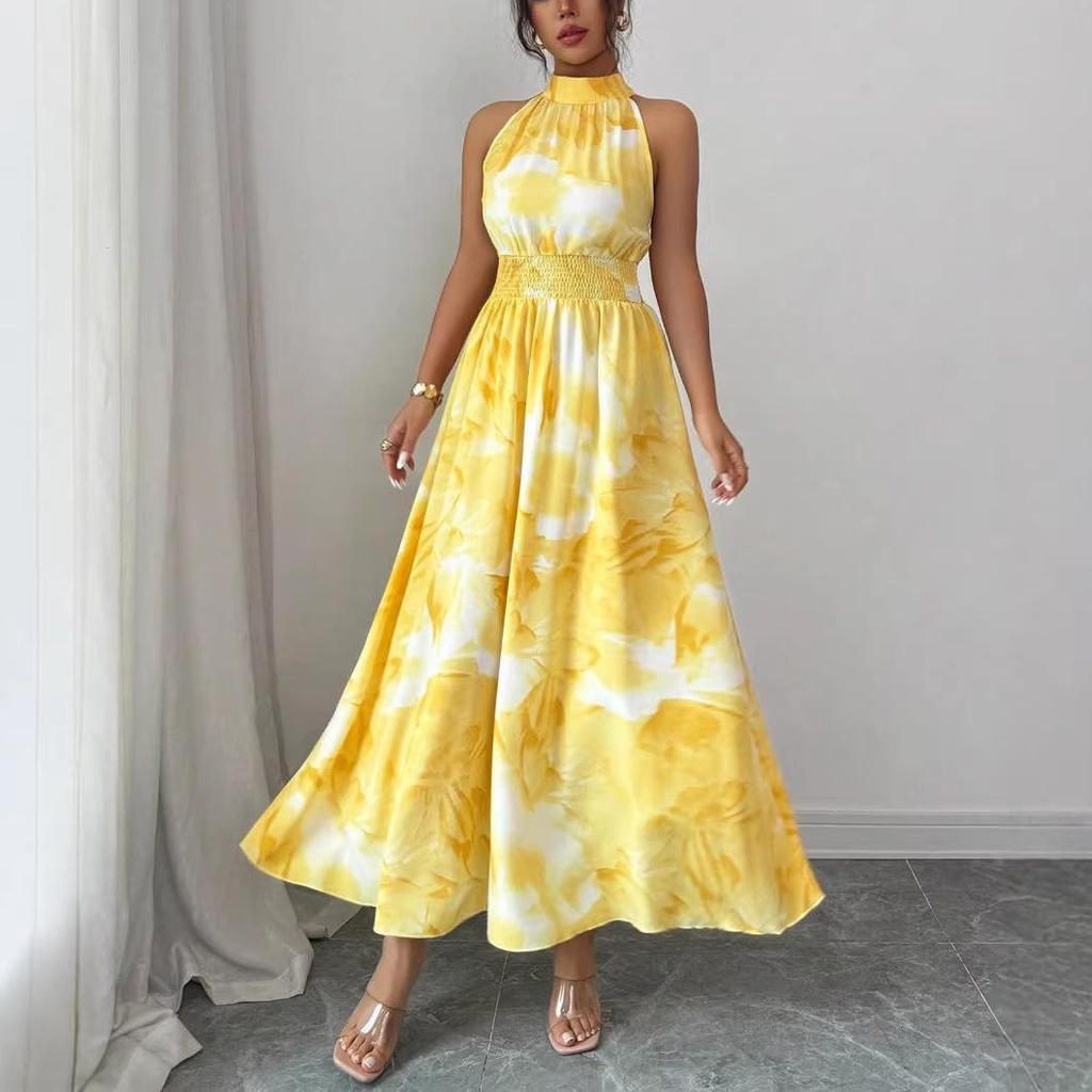 Women's Halter Neck Ruched Waist Sleeveless Ruffle Dress for Summer 2026