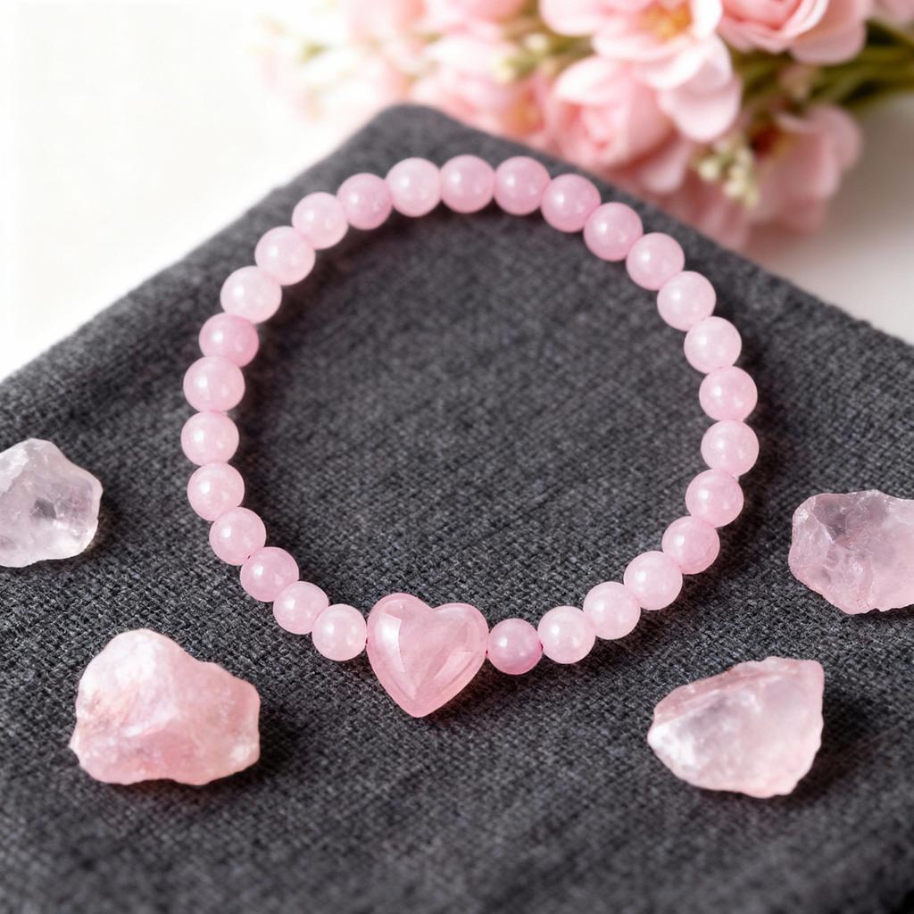 Festive Gifts Rose Quartz Beaded Bracelet With Heart Charm Sweet Fashion Jewelry For Women Daily Wear Simple Versatile Accessory