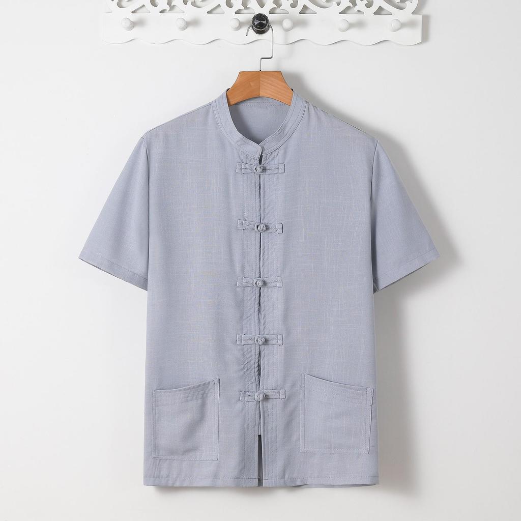 Herrskjorta i kinesisk stil, linne, uppstående krage, kortärmad, retro