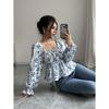 T-shirt Fresca e Dolce da Donna Autunno e Inverno Scollo Quadrato Maniche a Bolla Floreale Esplosivo Top a Maniche Lunghe