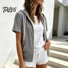 Lässige Kapuzenjacke Damen Kurzarm Reißverschluss Hoodie, Kordelzug Sweatshirt Kleidung für den Sommer, Leichte Jacke mit Taschen Sommer Oberbekleidung