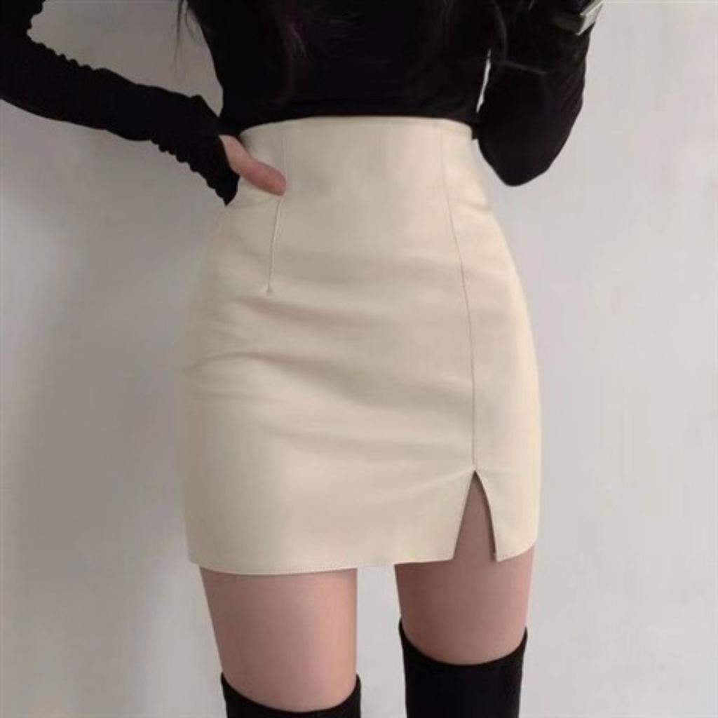 Women's High Waist Pencil Mini Skirt Faux Leather Solid Color Side Split PU Short Skirt