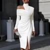 Abito Midi da Donna Scollo all'Americana Manica Lunga Vestibilità Aderente Vita Media Elegante Spacco Asimmetrico Bodycon