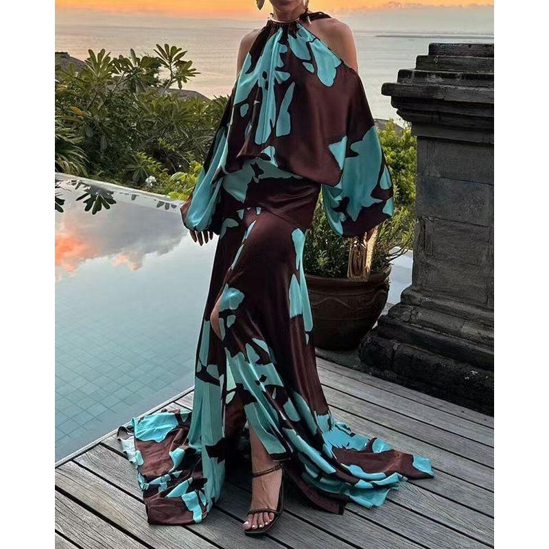 

2024 Summer European and American Cross-Border Off-Shoulder Halter Neck Retro Printed Long-Sleeved Dress for Women Image color S