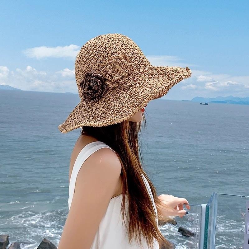 New French Floral Bow Straw Hat Women's Summer Seaside Beach Vacation Big Eaves Sunshade Sun Hat