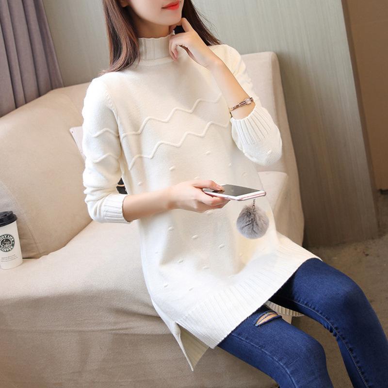 Semi-turtleneck autumn and winter pullover sweater medium and long loose long-sleeved bottoming shirt solid color knitted sweater women's clothing