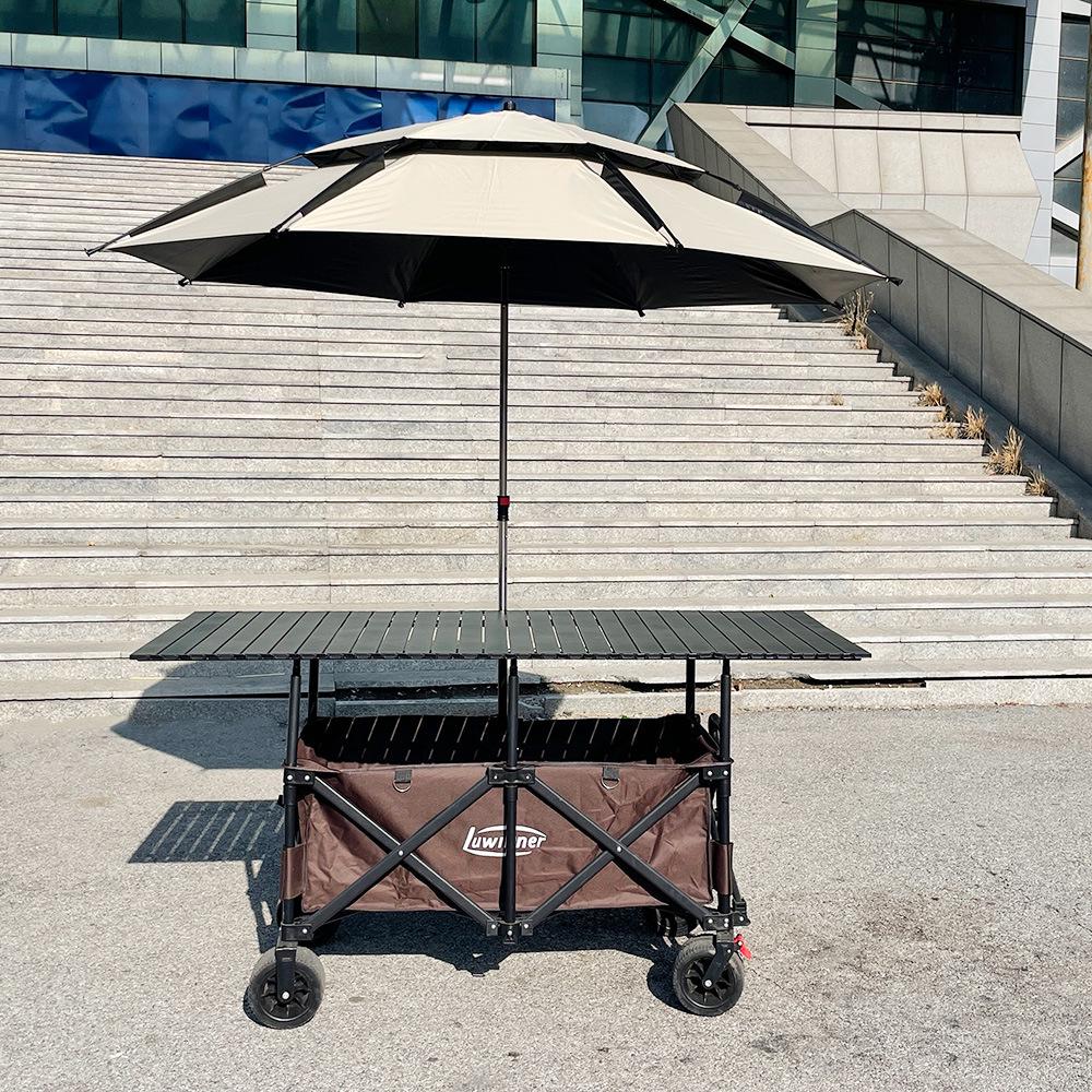 Adjustable Folding Handcart with Umbrella, Elevated Canopy & Table Top for Street Stalls or Camping.