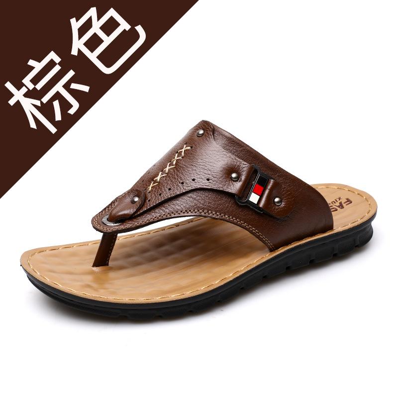

Мужские летние новые повседневные кожаные тапочки, пляжная обувь с застежкой на носок, сандалии из коровьей кожи, модные дышащие водонепроницаемые нескользящие сандалии на мягкой подошве 38