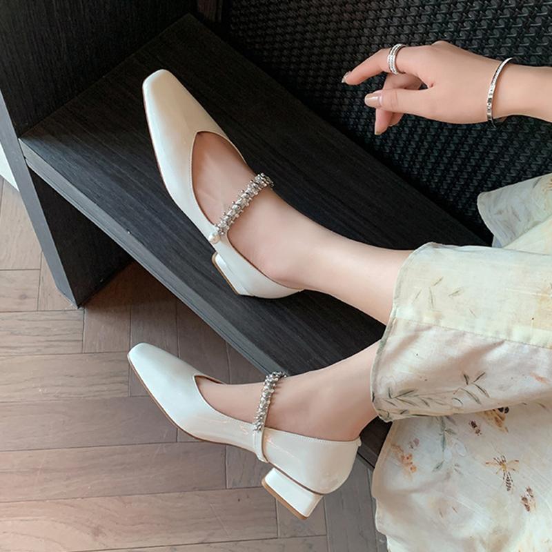 Women Genuine Leather Pumps Elegant Crystal Pearl Strap Women Mary Jane Shoes Sheepskin Low Heel Burgundy Single Pumps 34-39