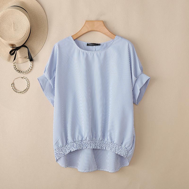 

ZANZEA Women Casual Round Neck Asymmetrical Hem Summer Short Sleeve Stripe Blouse M синий