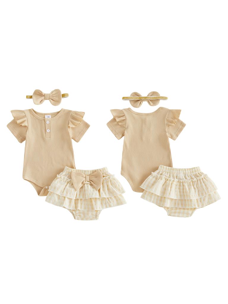 Adorable Baby Girl Summer Outfit Stylish Ribbed Short Sleeve Romper with Plaid Skort Headband 3Pcs Set for Your Little