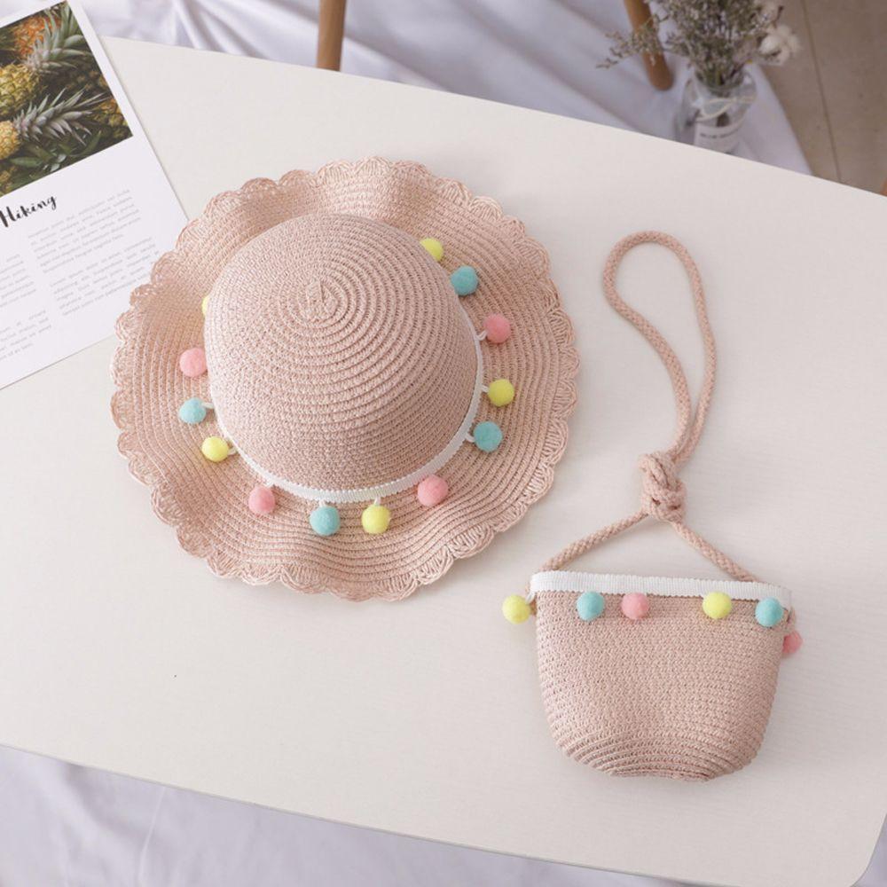 Kids Girls Pompom Ball Colorful Summer Hat Sun Protection Straw Woven Beach Hat Handbag Bucket Cap