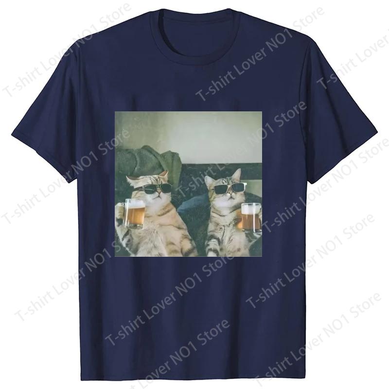 Funny Cool Cat Drinking Beer Tshirt Casual Short Sleeve T Shirt Unisex Women Clothes Harajuku Round Neck Unisexs Designer Tops