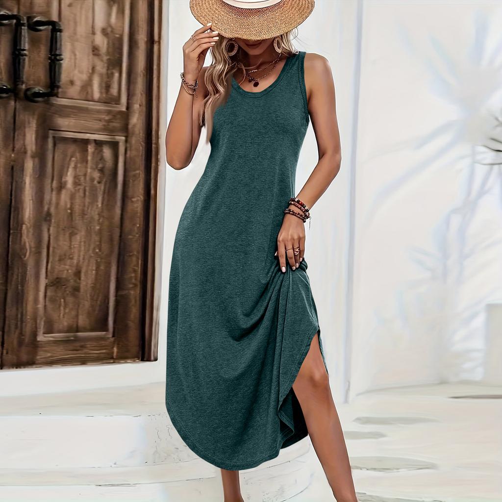 Ärmelloses lässiges Midi-Kleid in einfarbiger Ausführung mit lockerem Schnitt und seitlichem Schlitz, bequemes Sommerkleid für Damen